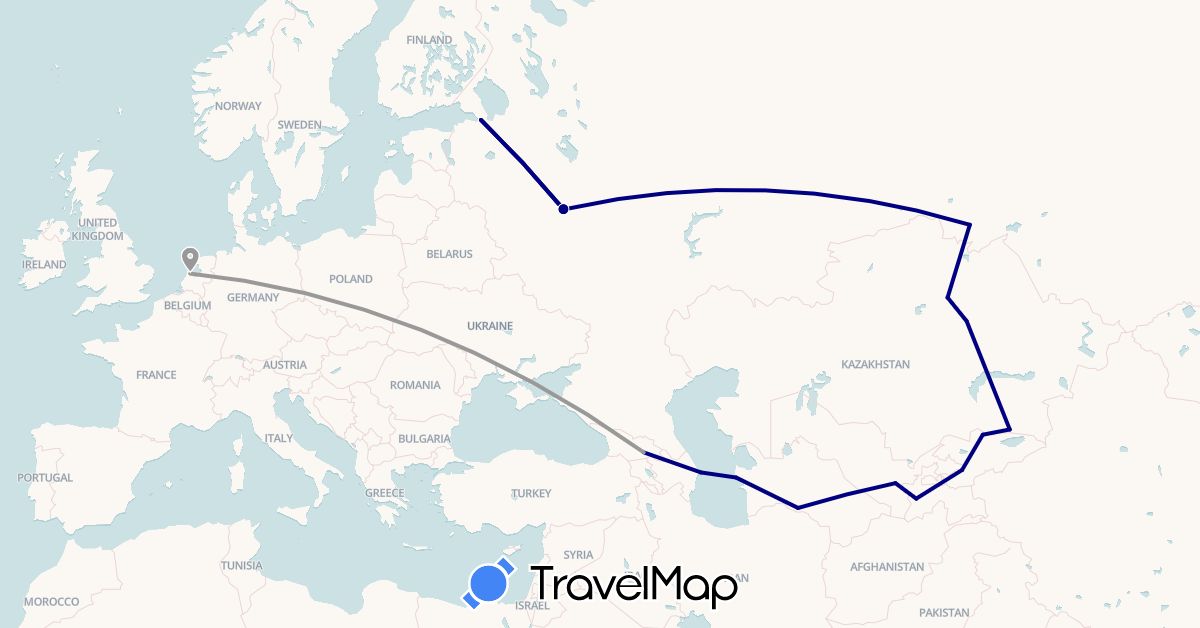 TravelMap itinerary: driving, plane in Azerbaijan, Georgia, Kyrgyzstan, Kazakhstan, Netherlands, Russia, Tajikistan, Turkmenistan, Uzbekistan (Asia, Europe)